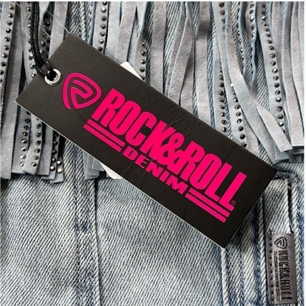 Rock and Roll Denim Light Wash Studded Fringe Denim Jacket - Picture 11 of 12